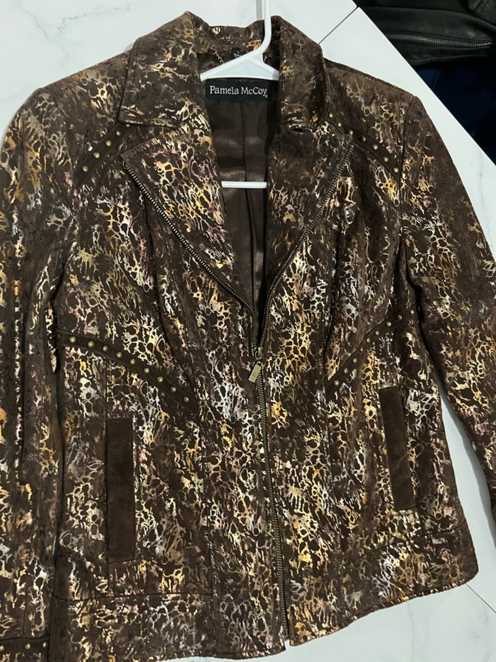 Pamela McCoy Metallic Moto Jacket Brown Gold Snakeskin Print -S Studded Luxury - Picture 3 of 6